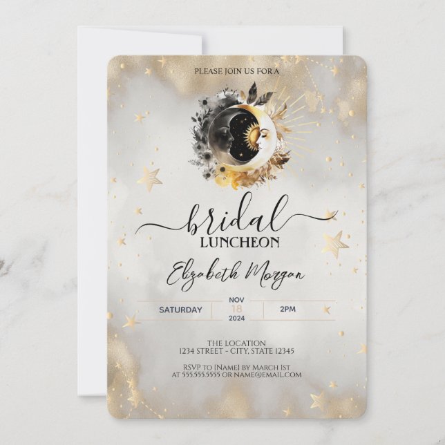 Celestial Gold Stars Moons Flowers Bridal Luncheon Invitation (Front)