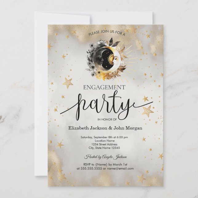 Celestial Gold Stars Moons Flowers Engagement   Invitation (Front)