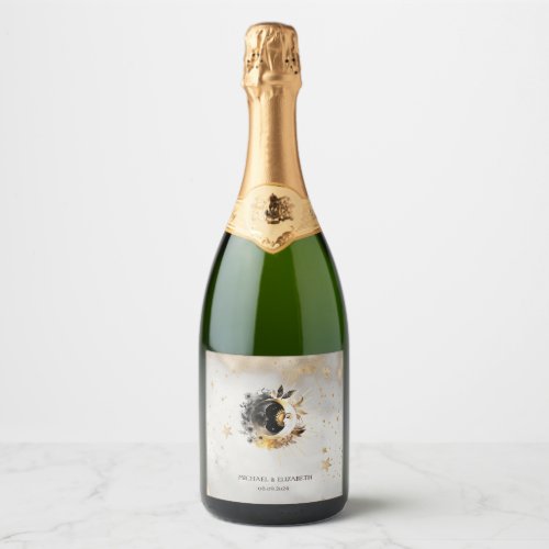 Celestial Gold Stars Moons Flowers Sparkling Wine Label