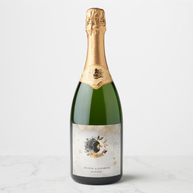 Celestial Gold Stars Moons Flowers Sparkling Wine Label (Front)