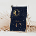 Celestial Gold Stars Wedding Table Number<br><div class="desc">Our "Celestial Gold Wedding" collection features a beautiful crescent moon with gold stars in various designs on a velvet midnight blue background paired with elegant fonts. Easy to customize and you can choose among many more matching items from this collection in our store.</div>