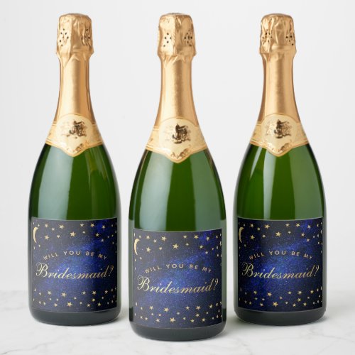 Celestial Gold Stars Will You Be My Bridesmaid Sparkling Wine Label