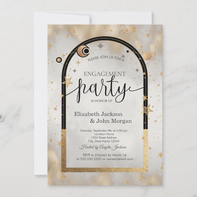 Celestial Gold Sun And Moon Galaxy Engagement Invitation (Front)