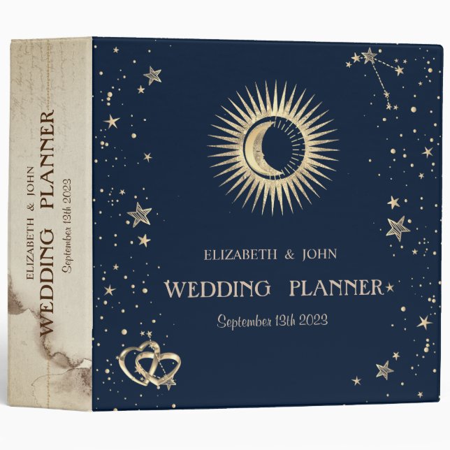 Celestial Gold Sun And Moon Stars  3 Ring Binder (Front/Spine)
