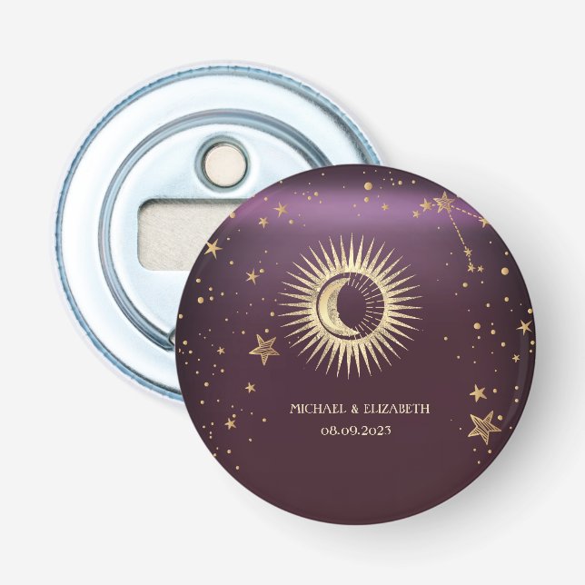 Celestial Gold Sun And Moon Stars Burgundy Bottle Opener (Front)