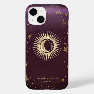 Celestial Gold Sun And Moon Stars Burgundy Case-Mate iPhone 14 Case