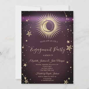 Celestial Gold Sun And Moon Stars Burgundy Invitation
