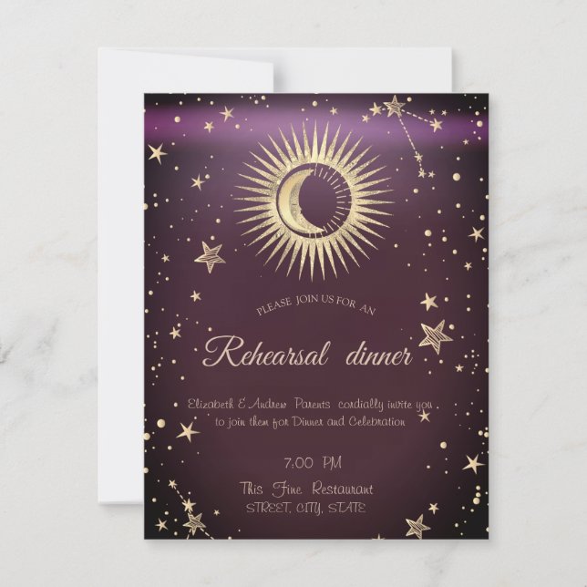 Celestial Gold Sun And Moon Stars Burgundy Invitation (Front)