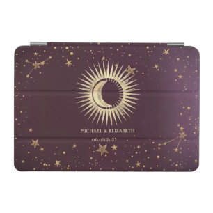 Celestial Gold Sun And Moon Stars Burgundy iPad Mini Cover