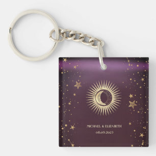 Celestial Gold Sun And Moon Stars Burgundy Keychain