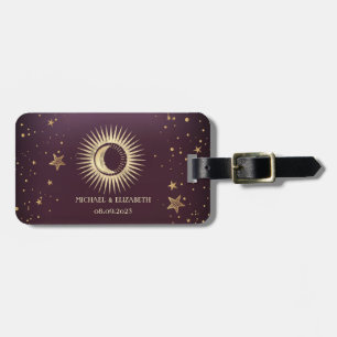 Celestial Gold Sun And Moon Stars Burgundy Luggage Tag