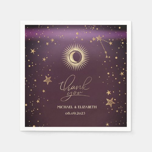 Celestial Gold Sun And Moon Stars Burgundy Napkins