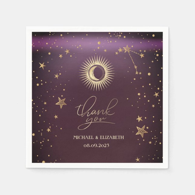Celestial Gold Sun And Moon Stars Burgundy Napkins (Front)