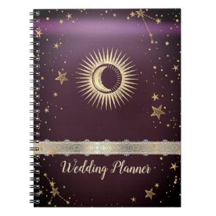 Celestial Gold Sun And Moon Stars Burgundy Notebook