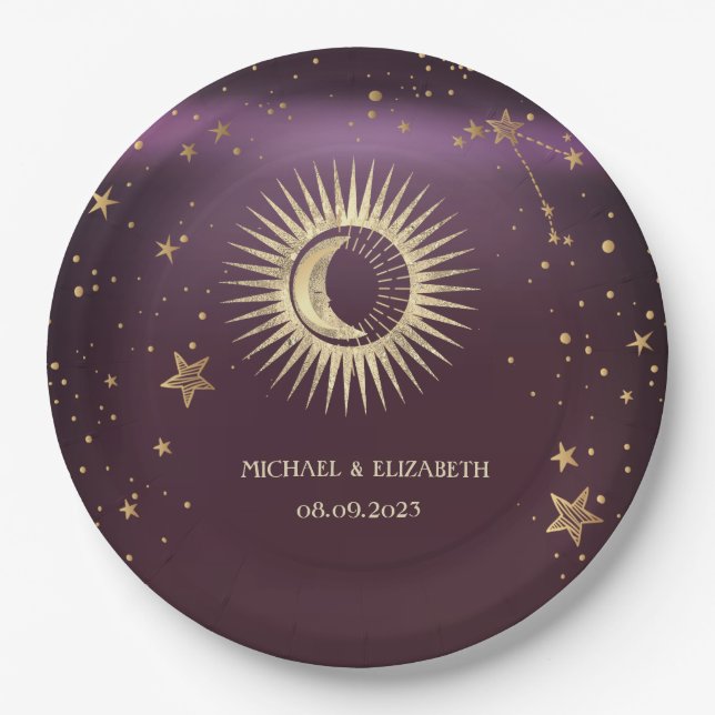 Celestial Gold Sun And Moon Stars Burgundy Paper Plates (Front)