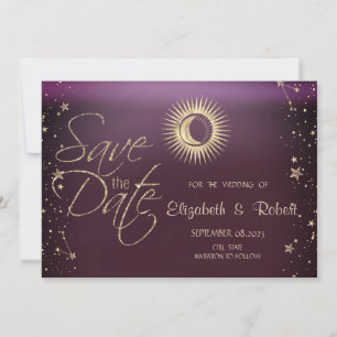 Celestial Gold Sun And Moon Stars Burgundy Save The Date