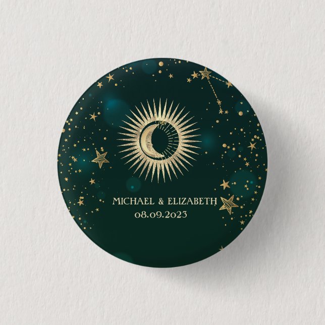 Celestial Gold Sun And Moon Stars Green Button (Front)