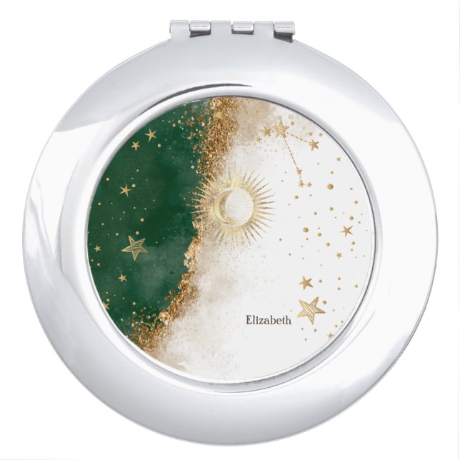Celestial Gold Sun And Moon Stars Green Compact Mirror (Front)