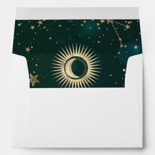 Celestial Gold Sun And Moon Stars Green Envelope