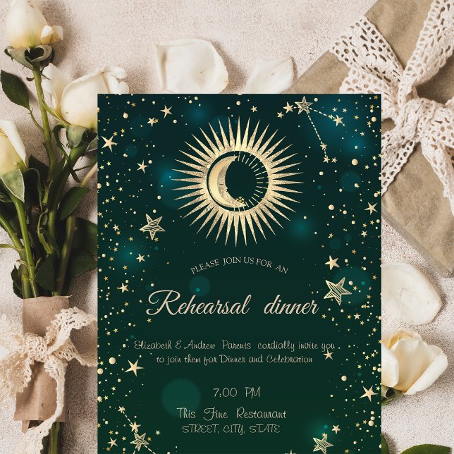 Celestial Gold Sun And Moon Stars Green Invitation (Creator Uploaded)