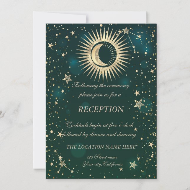 Celestial Gold Sun And Moon Stars Green Invitation (Front)