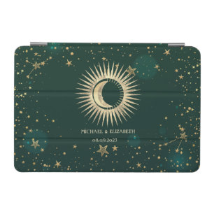 Celestial Gold Sun And Moon Stars Green iPad Mini Cover