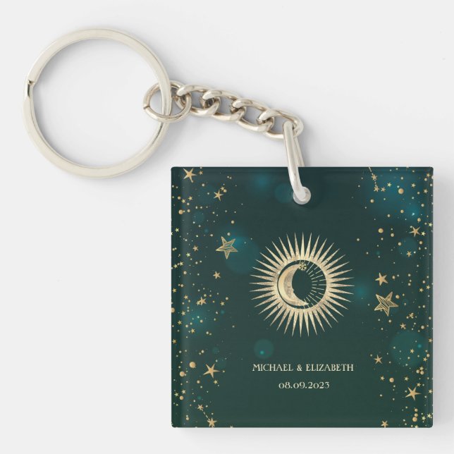 Celestial Gold Sun And Moon Stars Green Keychain (Front)