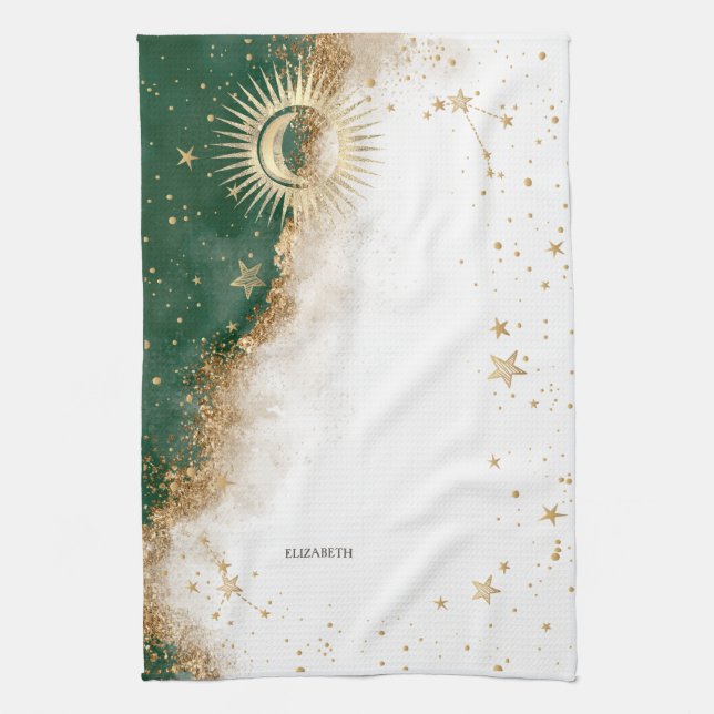Celestial Gold Sun And Moon Stars Green Kitchen Towel (Vertical)