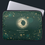 Celestial Gold Sun And Moon Stars Green Laptop Sleeve<br><div class="desc">Celestial gold sun and moon,  and stars on a green background.</div>