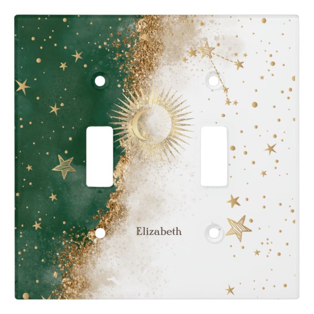 Celestial Gold Sun And Moon Stars Green Light Switch Cover (Front)