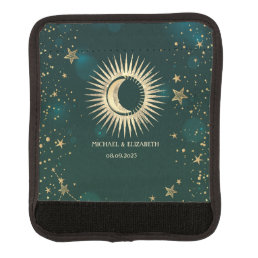 Celestial Gold Sun And Moon Stars Green Luggage Handle Wrap
