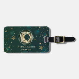 Celestial Gold Sun And Moon Stars Green Luggage Tag