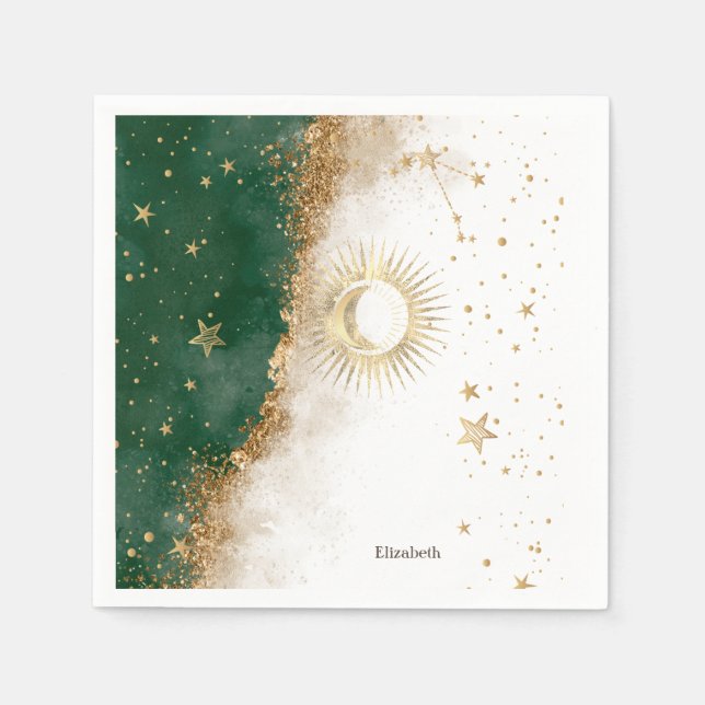 Celestial Gold Sun And Moon Stars Green Napkins (Front)