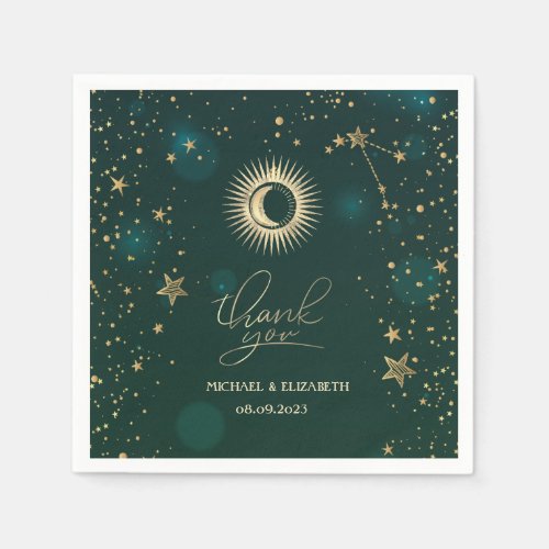 Celestial Gold Sun And Moon Stars Green Napkins