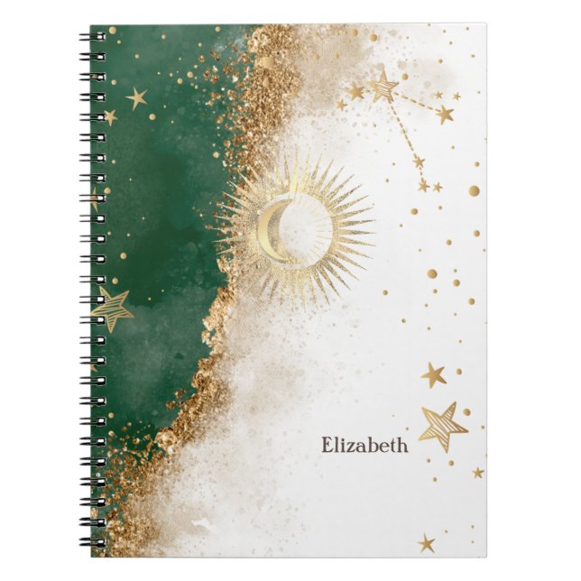 Celestial Gold Sun And Moon Stars Green Notebook (Front)