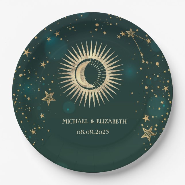 Celestial Gold Sun And Moon Stars Green Paper Plates (Front)