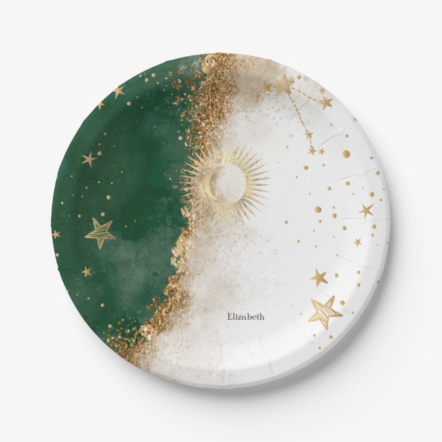Celestial Gold Sun And Moon Stars Green Paper Plates (Front)