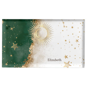 Celestial Gold Sun And Moon Stars Green Place Card Holder