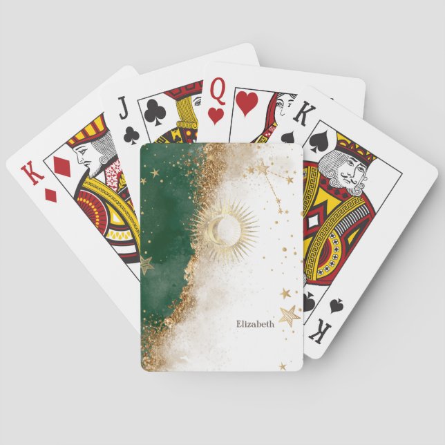 Celestial Gold Sun And Moon Stars Green Poker Cards (Back)