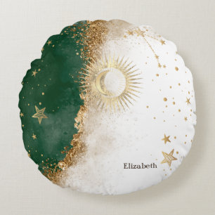 Celestial Gold Sun And Moon Stars Green Round Pillow