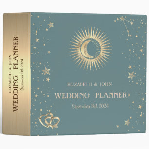 Celestial Gold Sun And Moon Stars Mint Green 3 Ring Binder