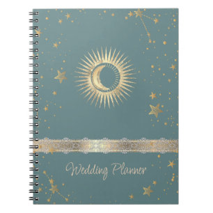 Celestial Gold Sun And Moon Stars Mint Green Notebook