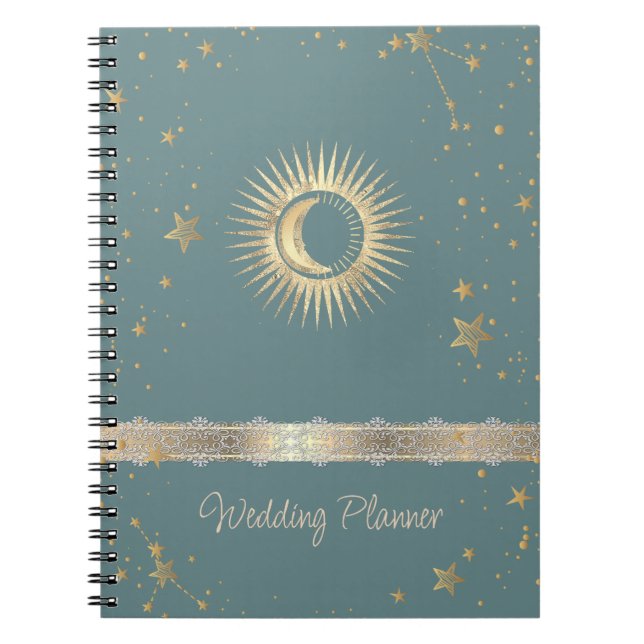 Celestial Gold Sun And Moon Stars Mint Green Notebook (Front)