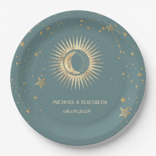 Celestial Gold Sun And Moon Stars Mint Green Paper Plates