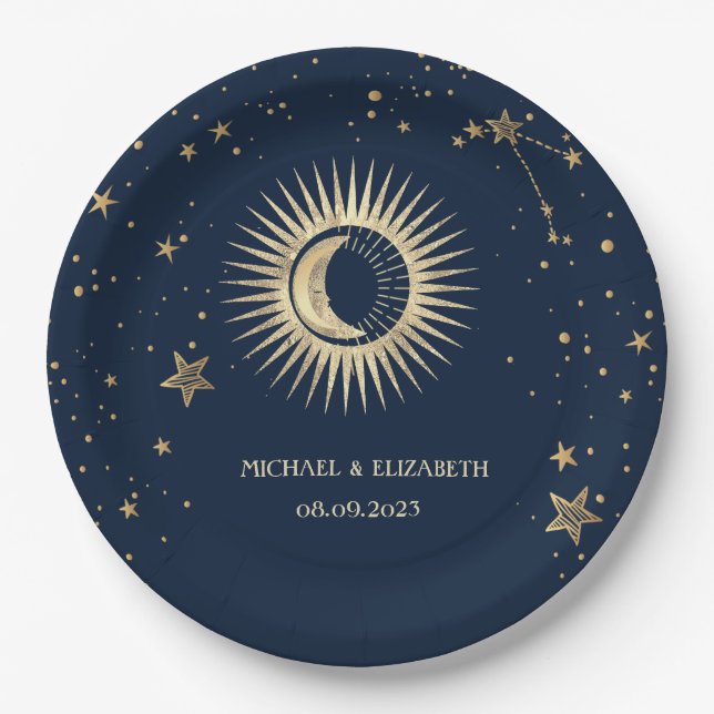 Celestial Gold Sun And Moon Stars Paper Plates (Front)