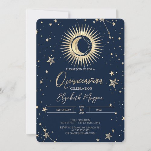 Celestial Gold Sun And Moon Stars Quinceanera Invitation