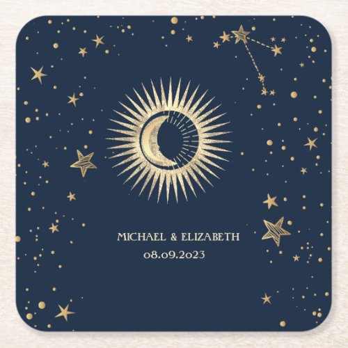 Celestial Gold Sun And Moon Stars Square Paper Coaster