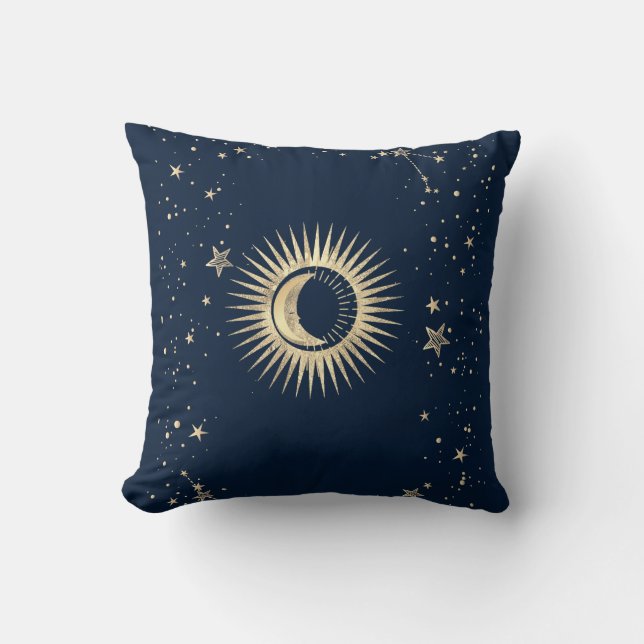 Celestial Gold Sun And Moon Stars  Throw Pillow (Front)