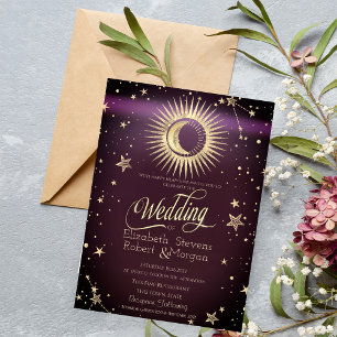 Celestial Gold Sun And Moon Stars Wedding Burgundy Invitation