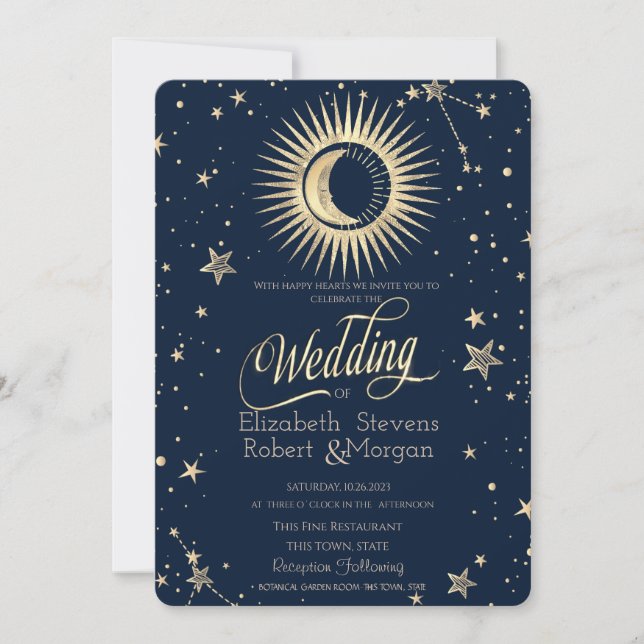 Celestial Gold Sun And Moon Stars Wedding   Invitation (Front)